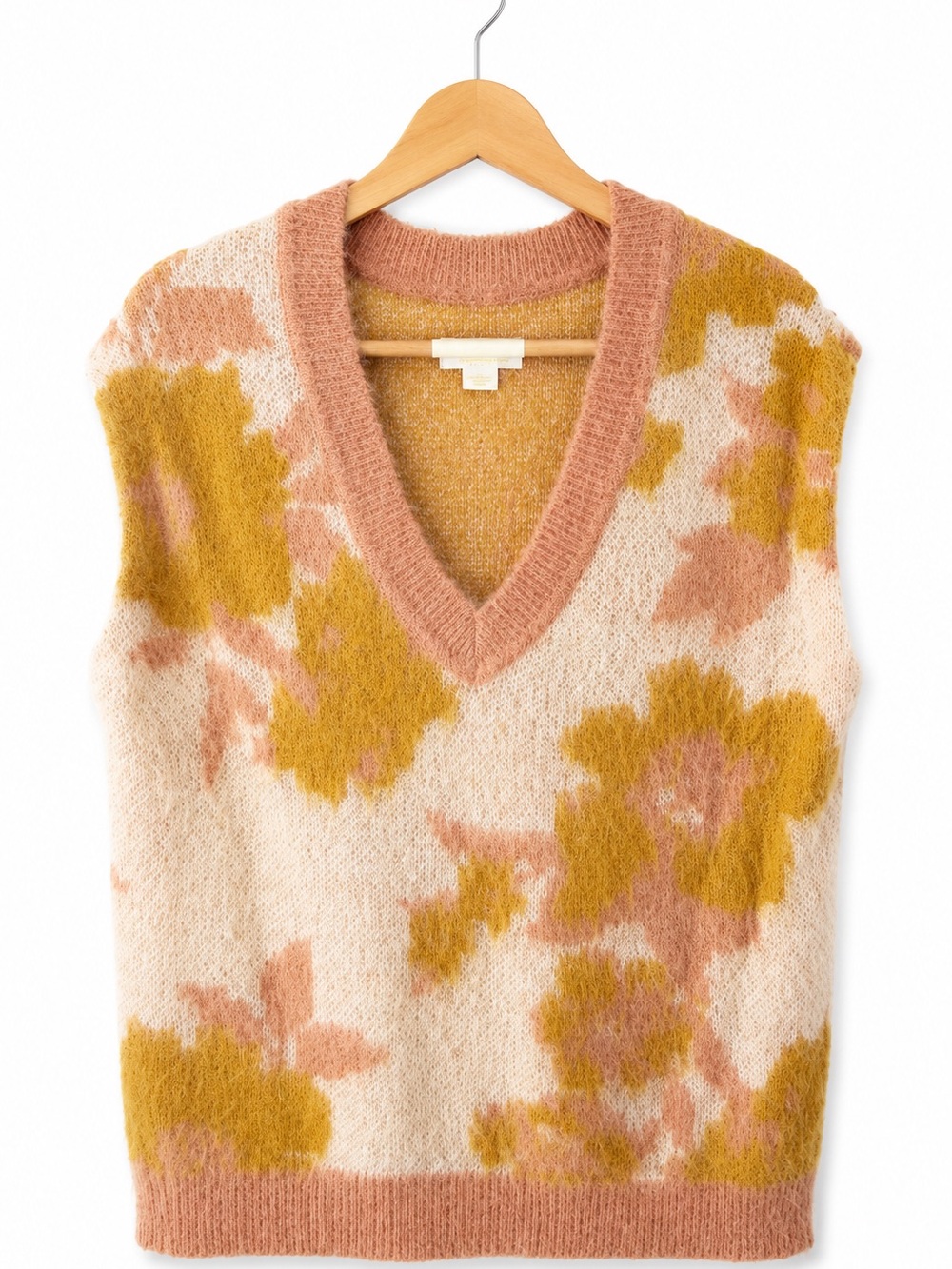Floral V-Neck Mohair Blend Sweater Vest - Pink & Mustard Oversized XS Soft Girl